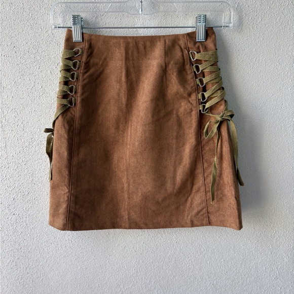 RAGA Dresses & Skirts - RAGA Anthropologie Faux Suede Laced Up XS Mini Skirt Western Boho Retro Moto